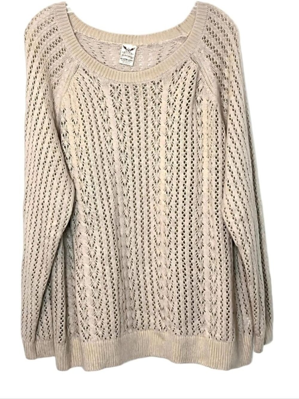 Open Knit Pointelle Sweater 3X Raglan Sleeve Coastal Summer Layering Neutral